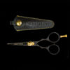 A great set of trimming scissors is a necessity: for this reason Beard & Bates has designed, developed and hand-crafted some of the best shears money can buy. Our 1878 Black Label Shears were inspired by classic 19th Century grooming scissors which were prized possessions carried by cavalry commanders who favored long and intimidating facial hair. Taking a cue from the fact that Cavalry soldiers' tools of the trade were carbines, pistols and sabers, we created a unique embossed genuine leather holster/scabbard to complement these fine shears. The best modern steel is Japanese, and the1878 Black Label Shears are crafted from the finest J2 420 Japanese steel and heat treated to Rockwell Hardness of 55-56. The scissors are 4.5" in total, currently TSA approved for travel, and the blades are razor sharp convex edge blades, which are hollow ground to make precision cuts, and require no resharpening. This quality level is on par with profession hair cutting scissors which cost $250-$500. The traditional ergonomic design enables you to put your ring finger through the hole, use the two indentations to rest your index and middle fingers, all while allowing your pinky to sit atop the brass finger rest. This provides one much more fluid control when trimming. It had become historically common for Calvary forces to wear imposing facial hair, whether it be long mustaches or full beards, so as to appear more imposing to the enemy, and so specific appearance was an important "weapon." Weapon or not, your facial hair will benefit from this quality holstered set of shears.
